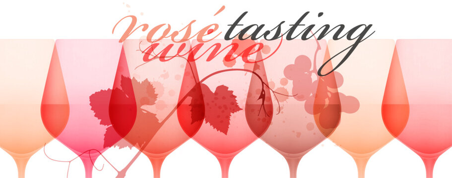 Background elegant illustrations of colorful glasses of rose wine. Mixed with silhouette of vine leaves and bunch of grapes. Vector drawing