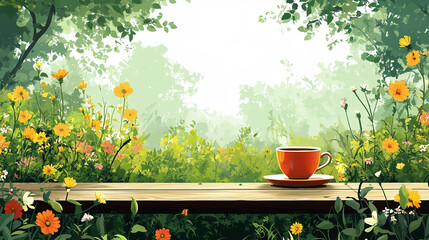 緑豊かな庭とカラフルな花々に囲まれたティータイムのイラスト