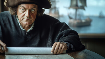 AI facial reconstruction of Christopher Columbus studying a map, based on Sebastiano del Piombo’s 1519 painting and historical accounts of light eyes and reddish complexion.  
