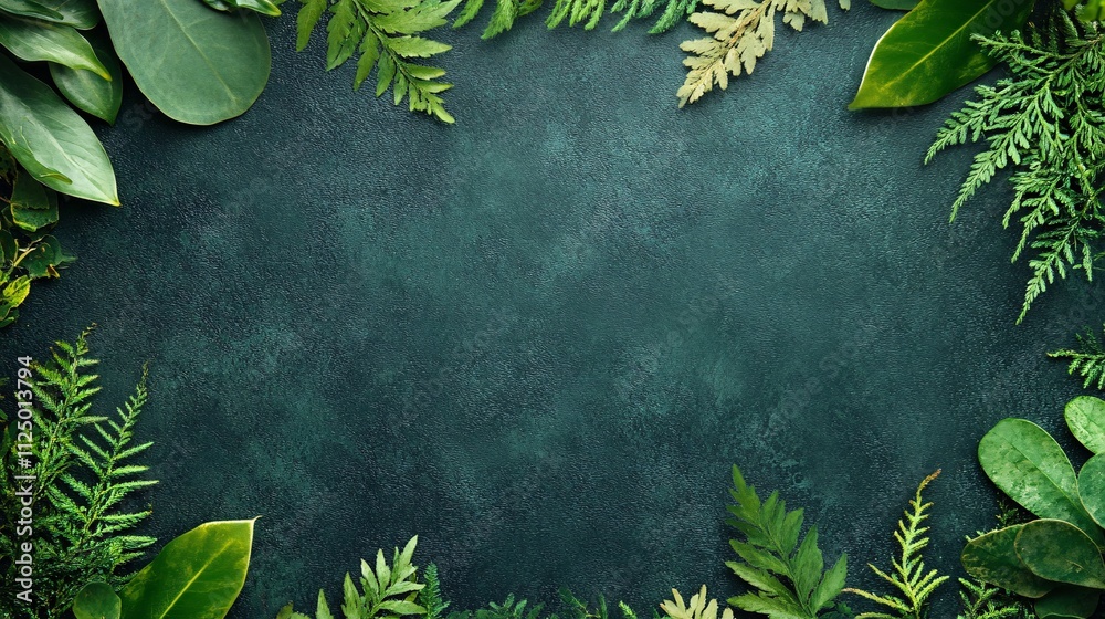 Poster Green foliage bordering dark textured background creating copy space