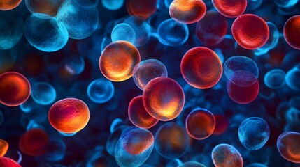 Blood cells glow like bioluminescent creatures, their intricate surfaces morphing into organic shapes under the microscope s vibrant light.