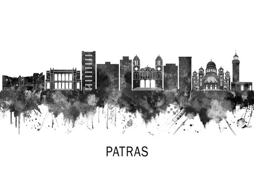 Patras Greece Skyline BW, abstract painting travel illustration urban art modern downtown landmarks skyscrapers colorful artwork architecture