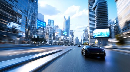 Obraz premium Hightech urban street, digital billboards and autonomous vehicles, 3D illustration