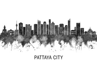 Obraz premium Pattaya City Thailand Skyline BW, abstract painting travel illustration urban art modern downtown landmarks skyscrapers colorful artwork architecture