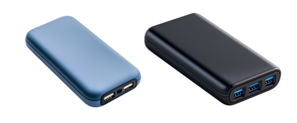 Portable power banks with USB ports in blue and black colors