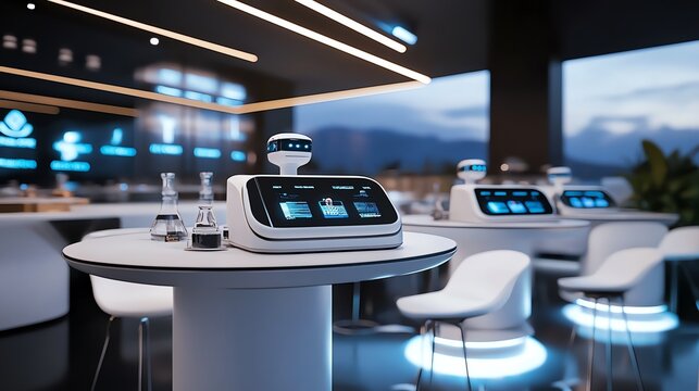 Modern cafe with robotic waiters and sleek interior design, innovation in urban dining and futuristic concepts
