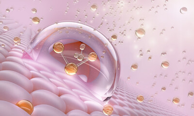 Ready to use 3d Rendering, advertising. Cosmetic serum Oil drop on Saggy skin cell, Skin Repair,...