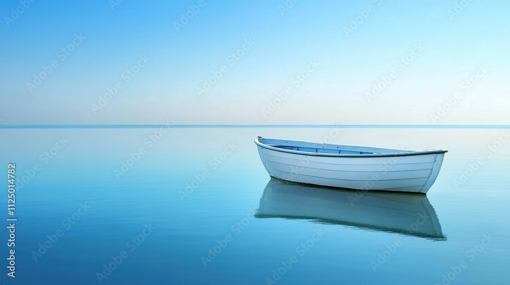 Poster a solitary boat floats peacefully on serene water, creating a perfect reflection. the vast blue expa