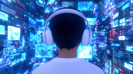 Naklejka premium Young Person Engaged in Digital World with Headphones Surrounded by Colorful Data Graphics