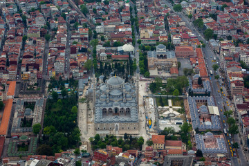 View from an airplane of Istanbul, the largest city in Turkey on the shores of the Bosphorus Strait, which divides it into European and Asian parts.