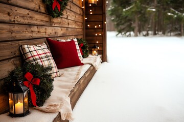 Obraz premium A cozy winter scene featuring a snow-covered porch, adorned with festive decorations, cushions, and lanterns, evoking a warm holiday atmosphere.