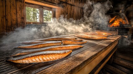 Smoked Fish on a Wooden Table in Rustic Setting