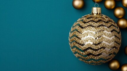 Sparkling Gold Ornament on Teal Background with Baubles