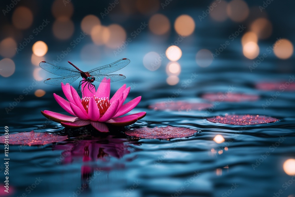 Aufkleber a whimsical 2d depiction of a dragonfly hovering above a pond, with colorful lily pads and light rip