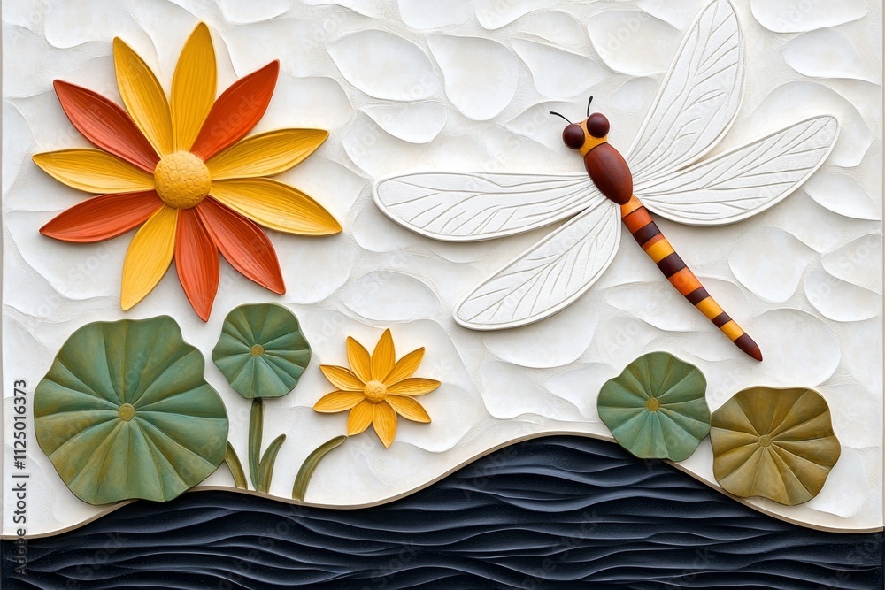Poster A whimsical 2D depiction of a dragonfly hovering above a pond, with colorful lily pads and light ripples on a white canvas