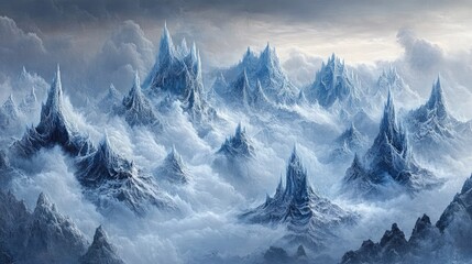 Frosty volcanic ridges with ice formations crowning the peaks, creating a surreal blend of textures and colors