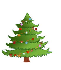 A festive Christmas tree adorned with colorful ornaments, baubles, garland, and lights, surrounded by beautifully wrapped gifts.