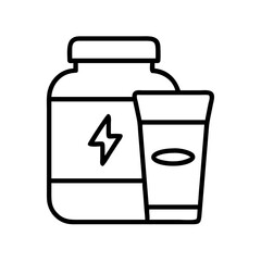 protein shake icon, fitness vector icon, health vector illustration - black outline icon of protein shake symbolizing fitness, health, and healthcare in simple design.
