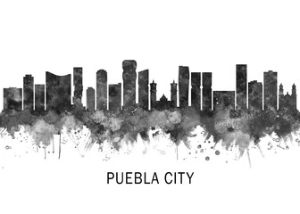 Fototapeta premium Puebla City Mexico Skyline BW, abstract painting travel illustration urban art modern downtown landmarks skyscrapers colorful artwork architecture