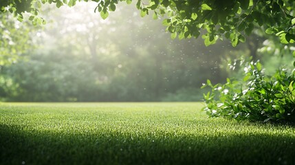 Obraz premium Lush green grass field with sunlight filtering through trees and falling pollen