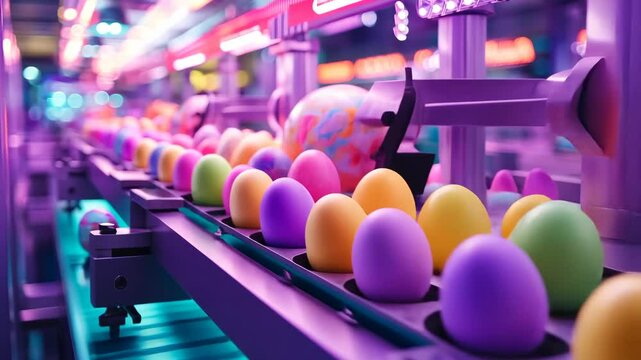 Vibrant High-Tech Easter Egg Factory With Colorful Pastel Eggs on a Production Line