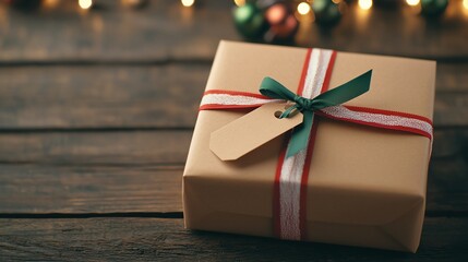 A beautifully wrapped gift box with a tag sits on a wooden surface, surrounded by festive decorations and soft lights.