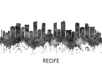 Fototapeta premium Recife Brazil Skyline BW, abstract painting travel illustration urban art modern downtown landmarks skyscrapers colorful artwork architecture