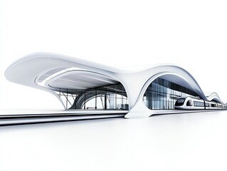 a modern train station, public infrastructure, elegant and sleek design, isolated on white background