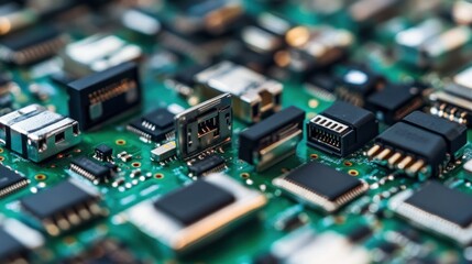 Fototapeta premium Small electronics assembly line focusing on USB drives, casings snapped together, automated testers verifying functionality