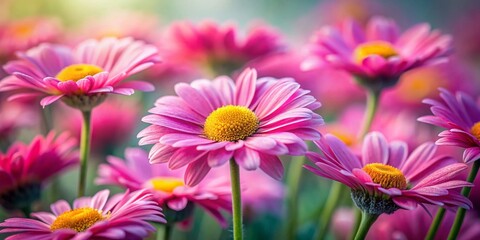 Fototapeta premium Closeup of Delicate Pink Daisies in Tilt-Shift Photography with a Softly Blurred Background Creating an Ethereal Floral Aesthetic for Nature Lovers and Garden Enthusiasts