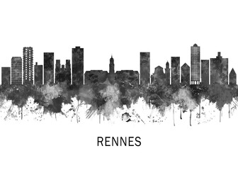 Obraz premium Rennes France Skyline BW, abstract painting travel illustration urban art modern downtown landmarks skyscrapers colorful artwork architecture