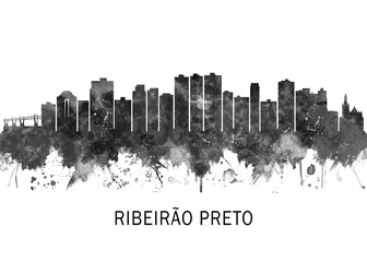 Obraz premium Ribeirao Preto Brazil Skyline BW, abstract painting travel illustration urban art modern downtown landmarks skyscrapers colorful artwork architecture