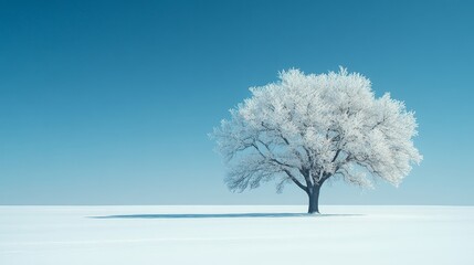 Solitary tree in a snowy landscape under a clear blue sky