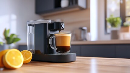 Coffee maker brewing espresso on wooden kitchen table with fresh oranges nearby early in the morning