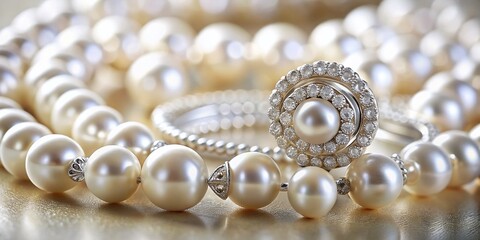 Close-Up of Exquisite Diamond Rings and Earrings Resting Elegantly on a Luxurious Strand of Pearls, Showcasing Their Sparkling Brilliance and Timeless Beauty in Natural Light
