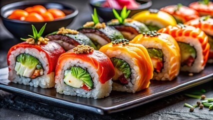 Close-Up of Exquisite Sushi on a Black Plate with Artistic Presentation Highlighting Colors and Textures, Perfect for Culinary and Food Photography Needs
