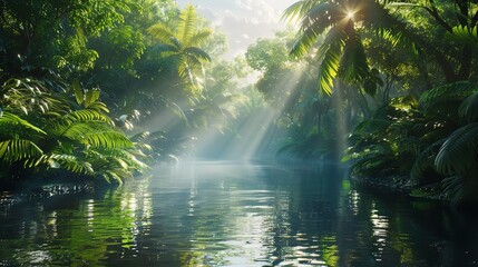 Fototapeta premium A tranquil river winding through the heart of a dense tropical jungle, with vibrant greenery reflected in its calm waters vector art illustraion generative AI.