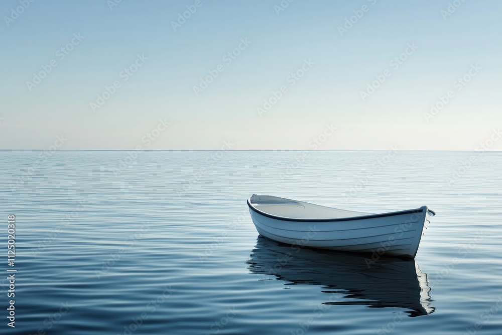 Poster a single boat floats gently on still water, surrounded by a tranquil expanse and clear blue sky, pro