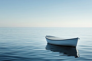 Naklejka premium A single boat floats gently on still water, surrounded by a tranquil expanse and clear blue sky, providing ample blank space for text. Generative AI