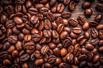 Fototapeta premium Closeup of Fresh Dark Brown Coffee Beans on a Rustic Surface with an Empty Space for Text, Top Down View Ideal for Coffee Lovers, Advertisements, and Branding Needs