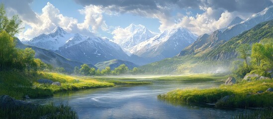 Fototapeta premium Serene mountain valley landscape with a calm river flowing through lush green meadows.