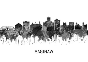 Obraz premium Saginaw Michigan Skyline BW, cityscape landscape watercolor abstract painting splash travel art illustration graphic design urban art modern downtown