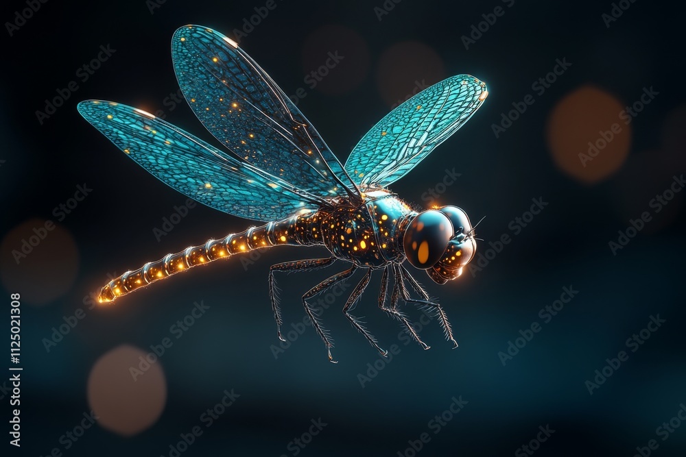 Poster a 3d illustration of a dragonfly mid-flight with dynamic, translucent wings refracting light in pris
