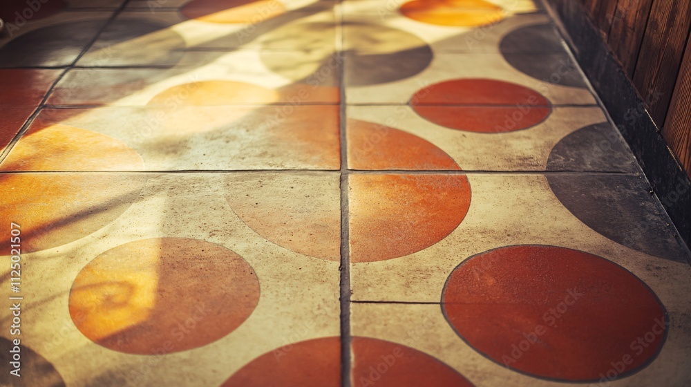 Aufkleber Sunlight illuminating colorful tiled floor with circular pattern