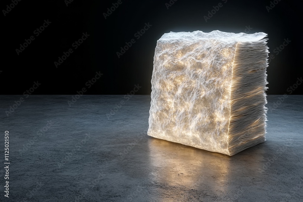 Aufkleber A 3D-rendered document stack with realistic textures, glowing from embedded holographic details in a futuristic setting