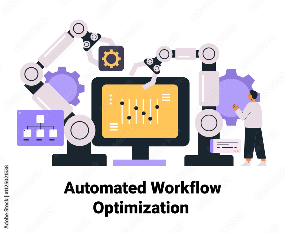 Poster automated workflow optimization robotic arms technology concept person interacting with computer gea