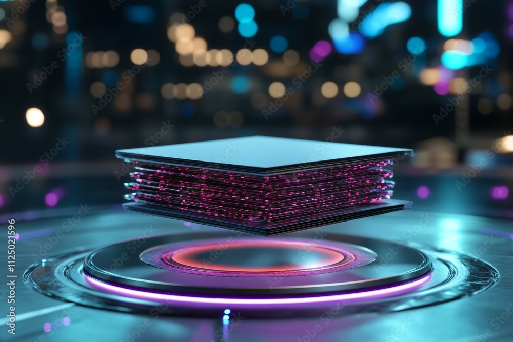 Aufkleber A 3D-rendered document stack with realistic textures, glowing from embedded holographic details in a futuristic setting