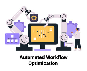 Automated workflow optimization robotic arms technology concept person interacting with computer gears diagrams digital process management website design