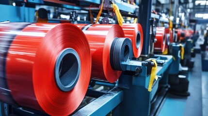 Tape manufacturing line, large rolls of adhesive tape unwound, slit into narrower strips, then rewound onto smaller spools