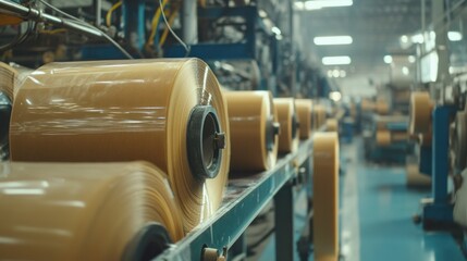 Tape manufacturing line, large rolls of adhesive tape unwound, slit into narrower strips, then rewound onto smaller spools